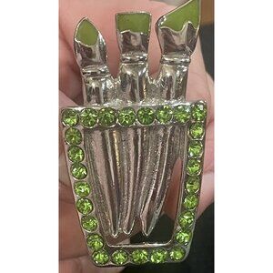 Vintage Silver Paintbrush Pin Brooch With Green Rhinestones & Enamel Detailing